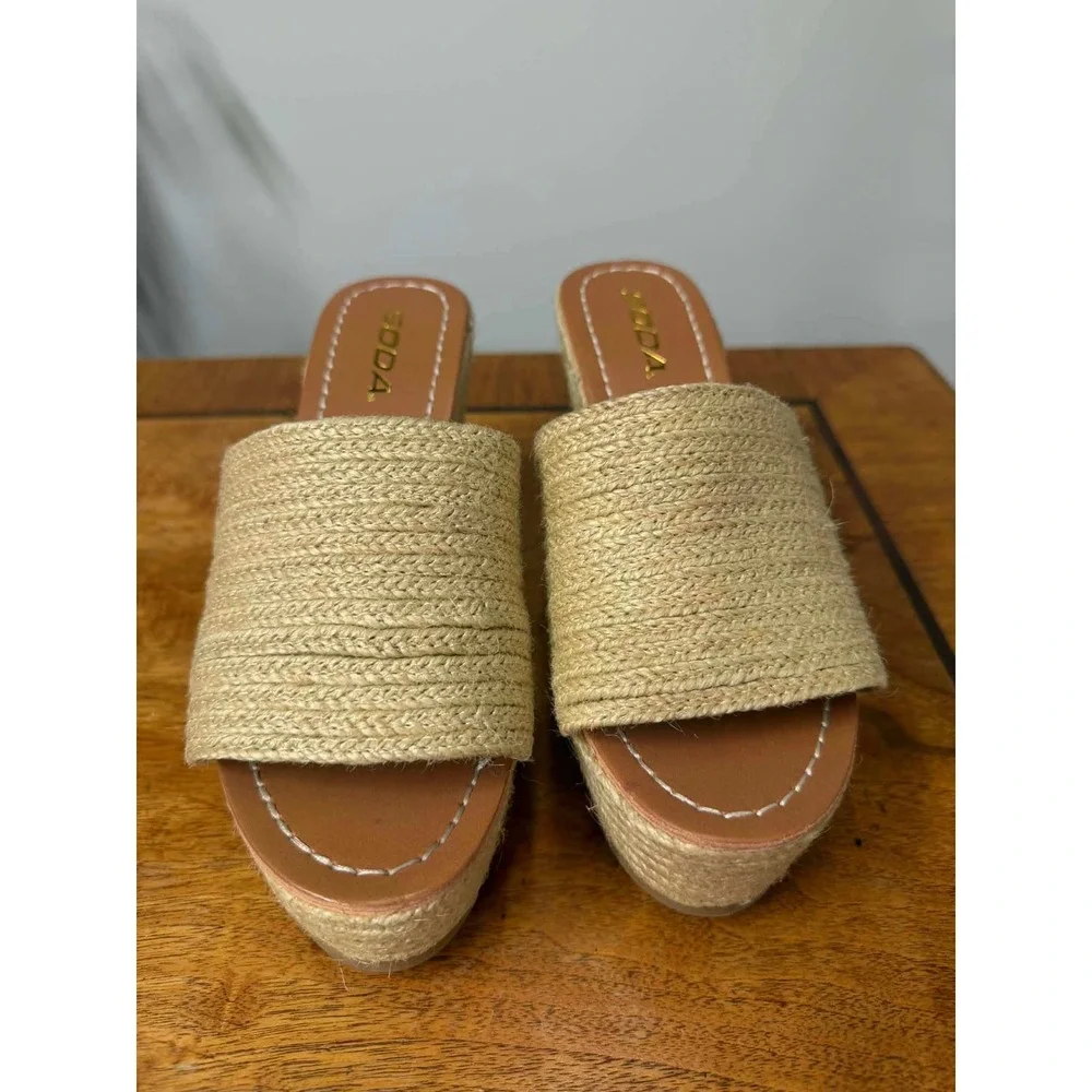 New‎ Soda Womens 7.5 Espadrille Wedge Sandals Tan Jute Braided Platform Mules